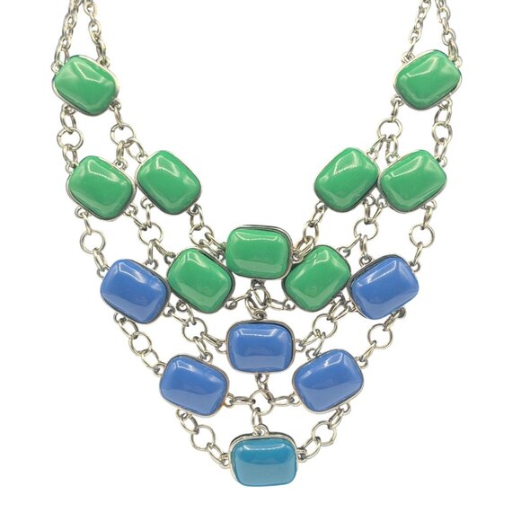 Chunky Multicolor Layered Necklace With Green & Blue Beads On Silver Chain - Picture 2 of 5